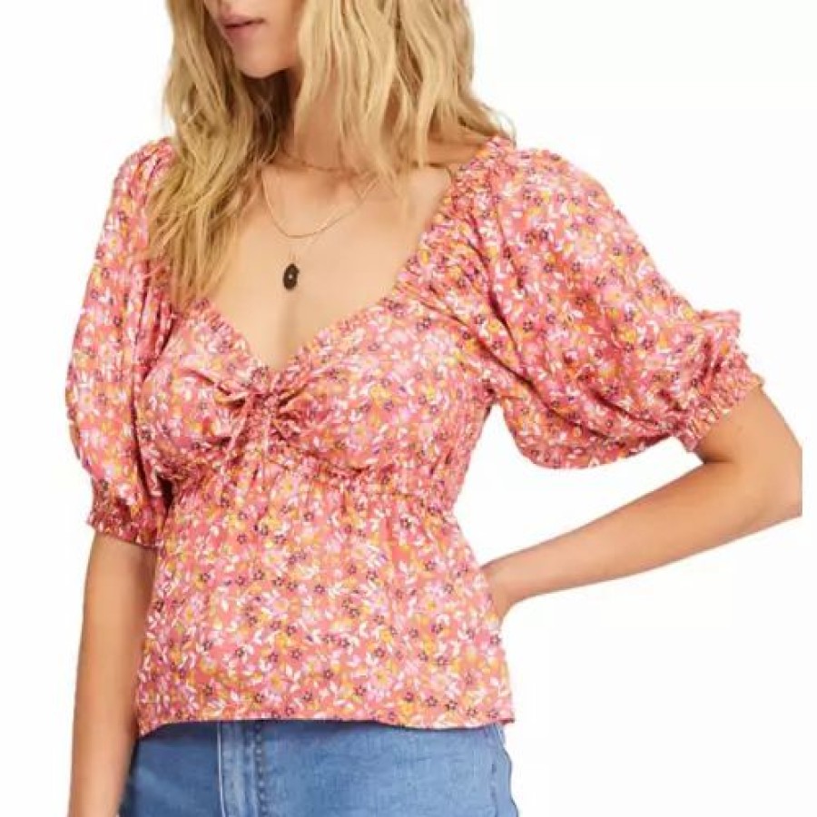 Shirts * | Women'S Billabong Beachy Babe Puff Sleeve Crop Top Vintage Coral