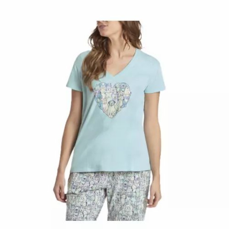 Shirts * | Women'S Life Is Good Heart Of Dogs Snuggle Up Relaxed Sleep V-Neck T-Shirt Beach Blue