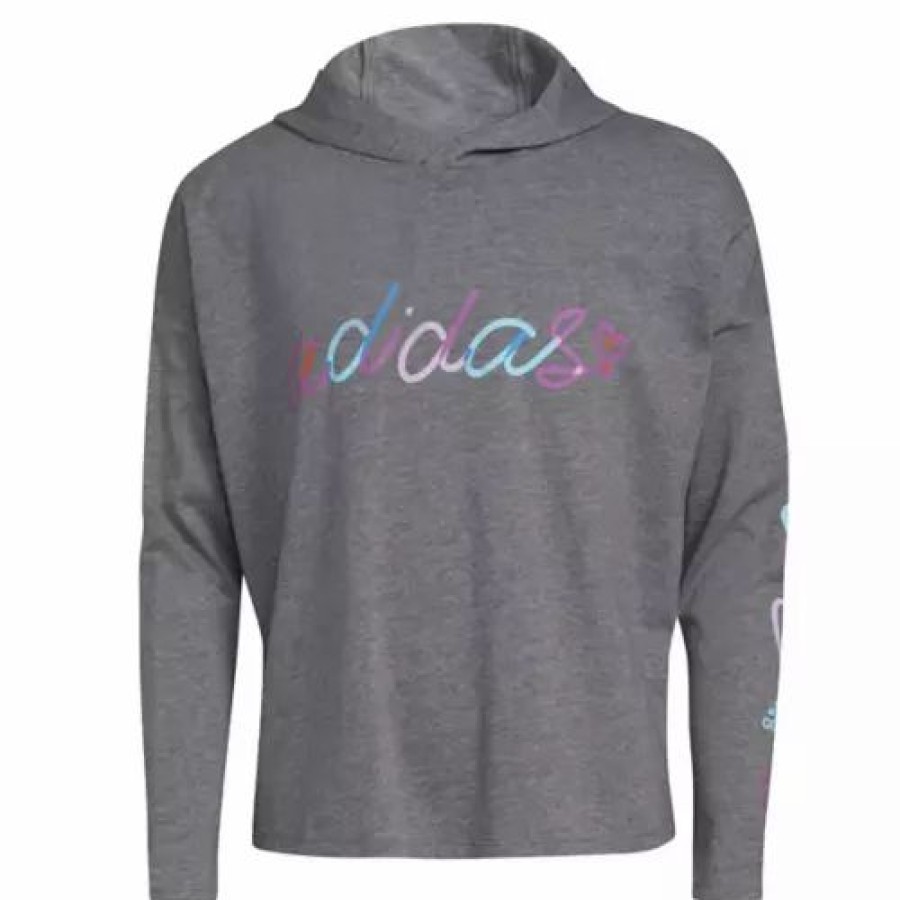 Shirts * | Girls' Adidas Long Sleeve Hooded T-Shirt Charcoal Grey Heather