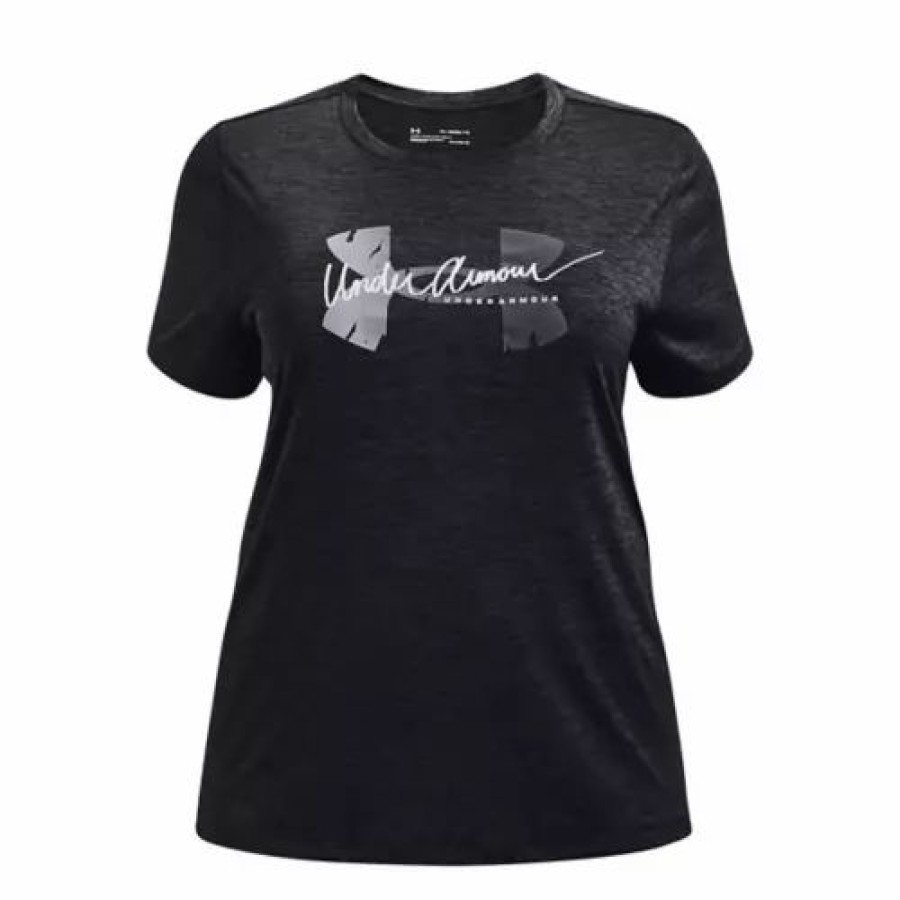 Shirts * | Women'S Under Armour Plus Tech Twist Script Logo Short Sleeve Shirt Black / / White