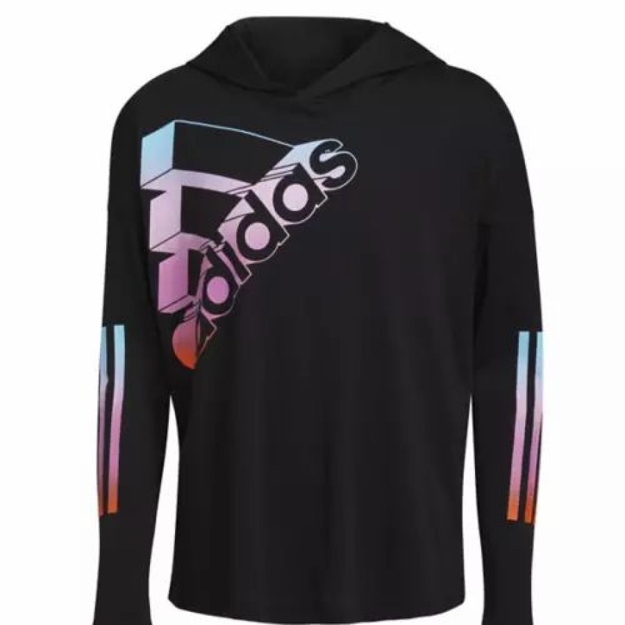 Shirts * | Girls' Adidas Long Sleeve Curved Hem Hooded T-Shirt Black Multi