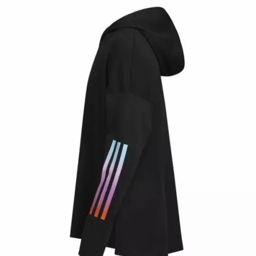 Shirts * | Girls' Adidas Long Sleeve Curved Hem Hooded T-Shirt Black Multi