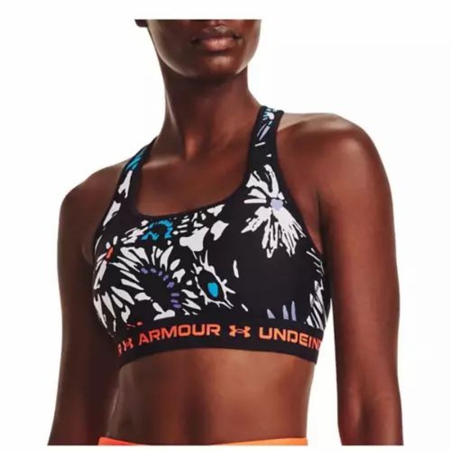 Bras * | Women'S Under Armour Crossback Print Mid Sports Bra Black/Orange Blast