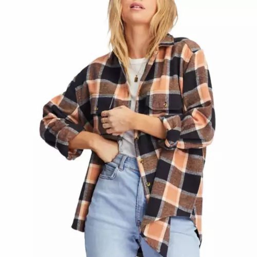 Shirts * | Women'S Billabong So Stoked Oversized Button Down Flannel Shirt Tan